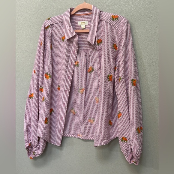 Anthropologie Maeve Pink Seersucker
Embroidered orange Bishop Sleeve, size large - Picture 4 of 13